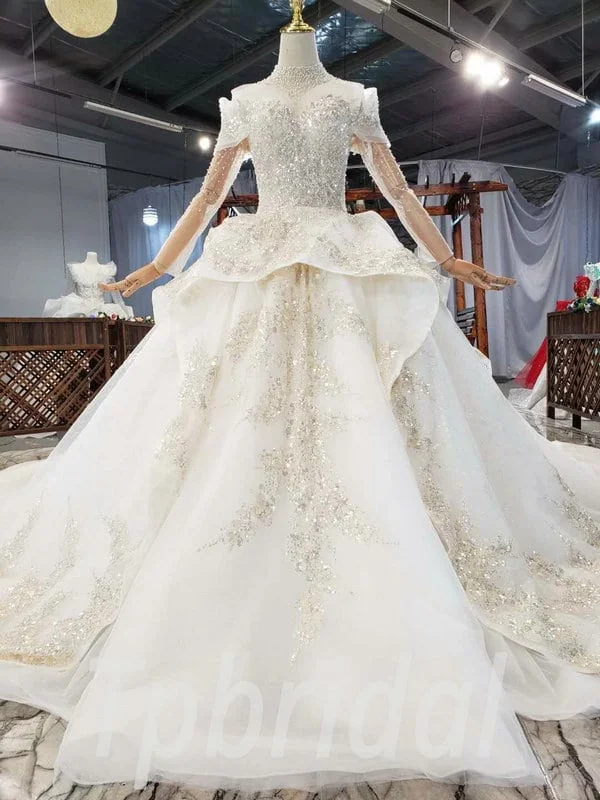Ball Gown Wedding Dress With Long Train High Neck Long Sleeve Wholesale - Image 6