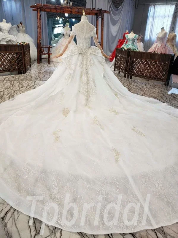 Ball Gown Wedding Dress With Long Train High Neck Long Sleeve Wholesale - Image 9