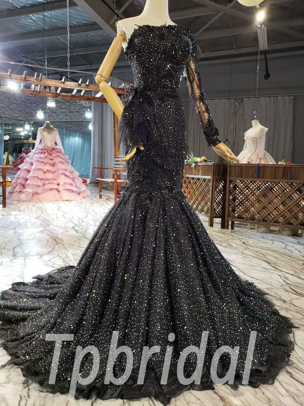 Black Mermaid Wedding Dress One Shoulder Long Sleeve Evening Dress