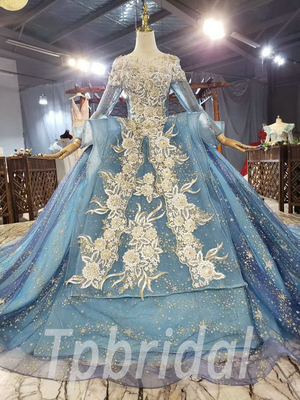 Blue And Gold Wedding Dress Ball Gown Long Sleeve With Veil