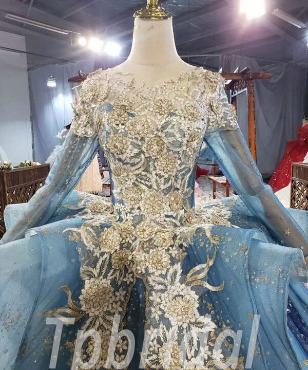 Alternative view of Blue And Gold Wedding Dress Ball Gown Long Sleeve With Veil