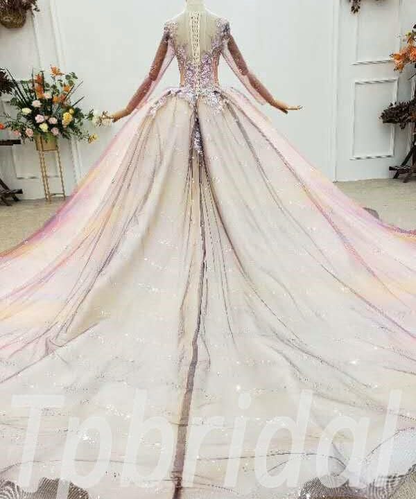 Alternative view of Colorful Wedding Dress Long Sleeve Pink Prom Dress With Flowers