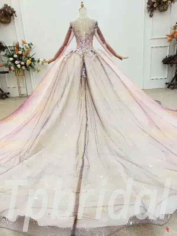 Alternative view of Colorful Wedding Dress Long Sleeve Pink Prom Dress With Flowers