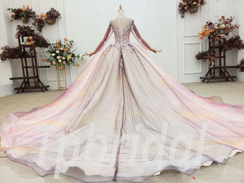Colorful Wedding Dress Long Sleeve Pink Prom Dress With Flowers