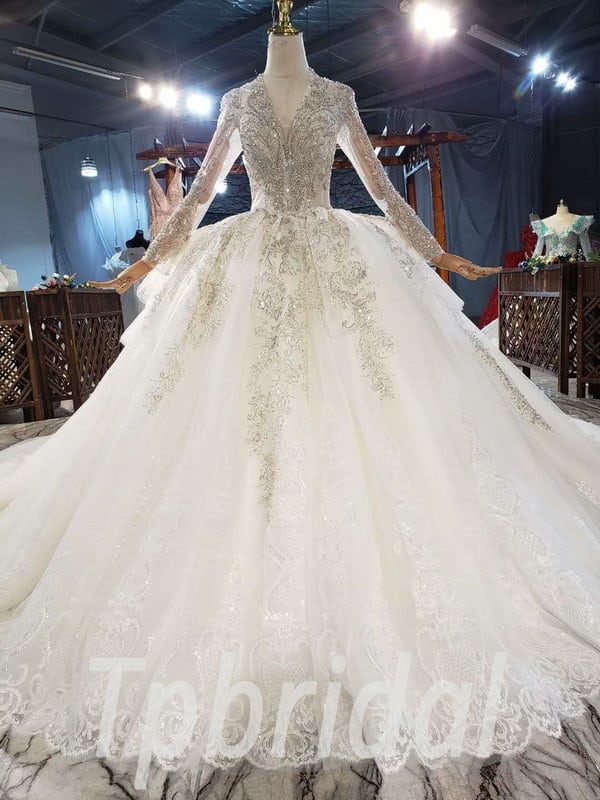 Crystal Lace Wedding Dress V Neck Ball Gown Long Sleeve Wholesale