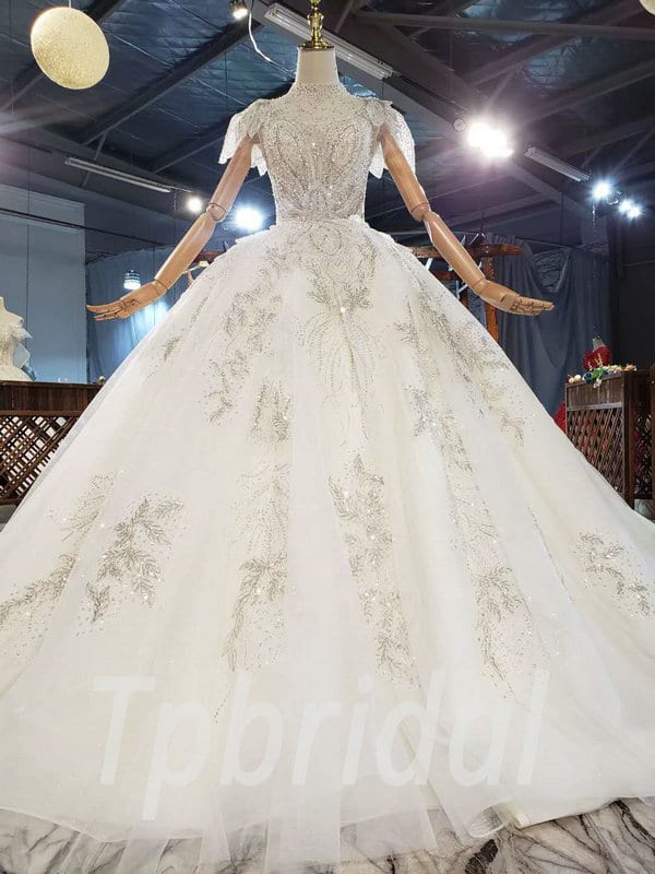 Jewel Neckline Wedding Dress Ball Gown Long Train With Veil