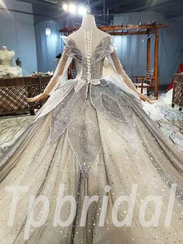 Long Sleeve Quinceanera Dress Grey Champagne Ball Gown Prom Dress - Image 4