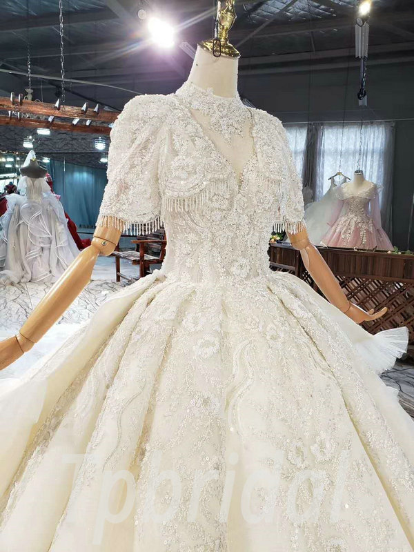 Big Puffy Long Sleeve Prom Party Ball Gown Tulle Wedding Dresses for Women  Brides with Floral lace Train Ivory at Amazon Women's Clothing store