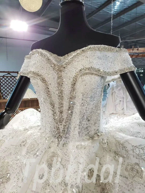 Heavy Wedding Dress Hand Made Beaded Ball Gown Long Train - Image 9