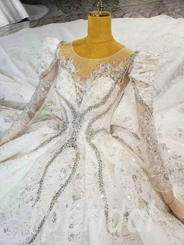Long Sleeve Winter Wedding Dress Ball Gown With Monarch Train - Image 9