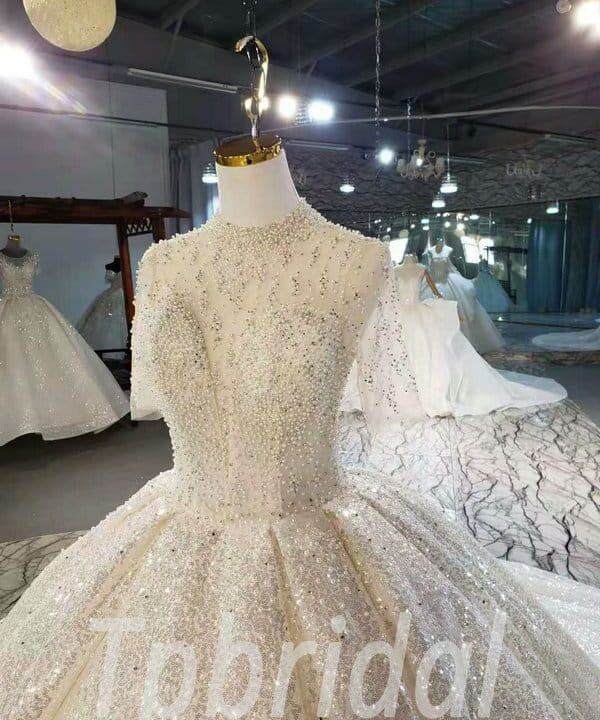 Alternative view of Sparkly Ball Gown Wedding Dress Pearl High Neck With Train