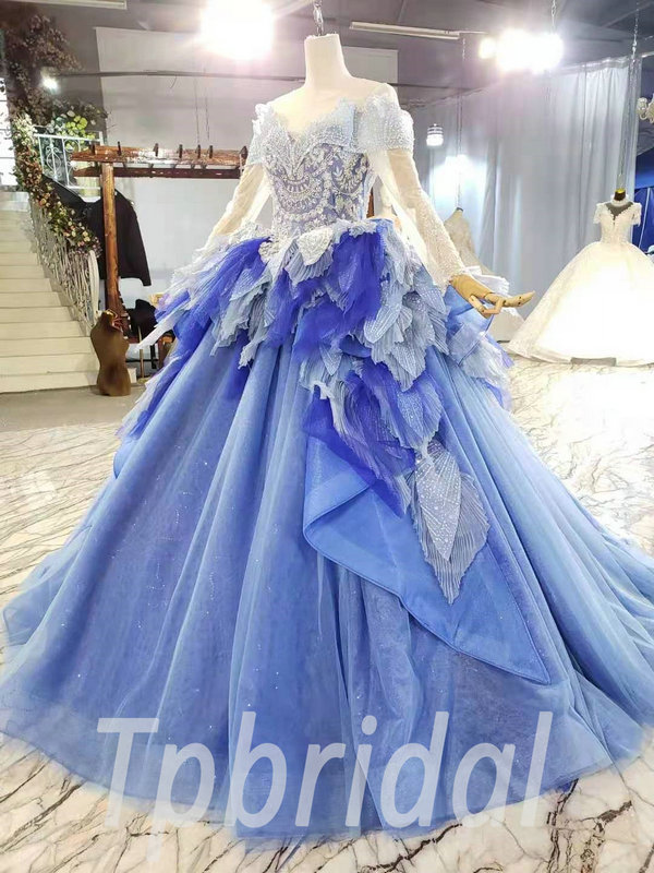 Blue And White Quinceanera Dress Off The Shoulder Long Sleeve Formal