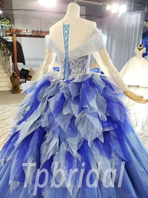 Blue And White Quinceanera Dress Off The Shoulder Long Sleeve Formal