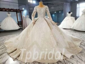 champagne long sleeve wedding dress 913-002