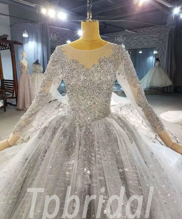 grey wedding dress with sleeves 901-004