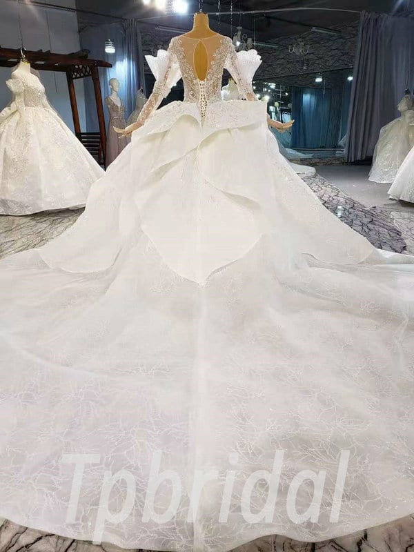 Romantic Wedding Dress Sparkly Ball Gown Long Sleeve With Train