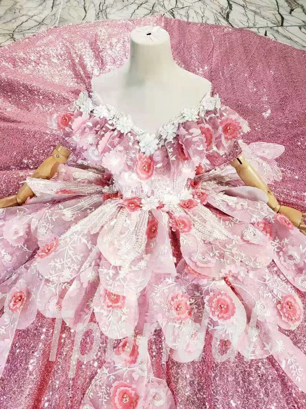 Kids Prom Dress Floral Ball Gown Sparkly Little Girl Party Dress - Image 6