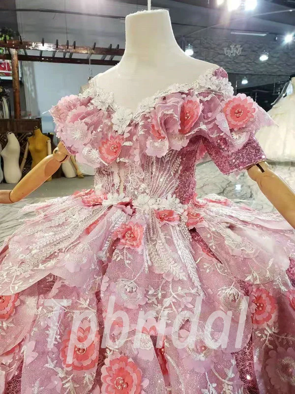 Kids Prom Dress Floral Ball Gown Sparkly Little Girl Party Dress - Image 8