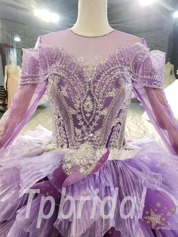 Purple Ball Gown Wedding Dress Off The Shoulder Long Sleeve With Train - Image 6
