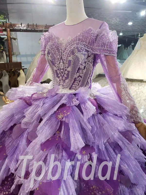 Purple Ball Gown Wedding Dress Off The Shoulder Long Sleeve With Train - Image 8