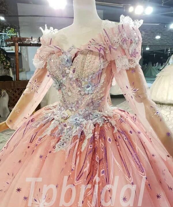 pink wedding dress with sleeves 931-007