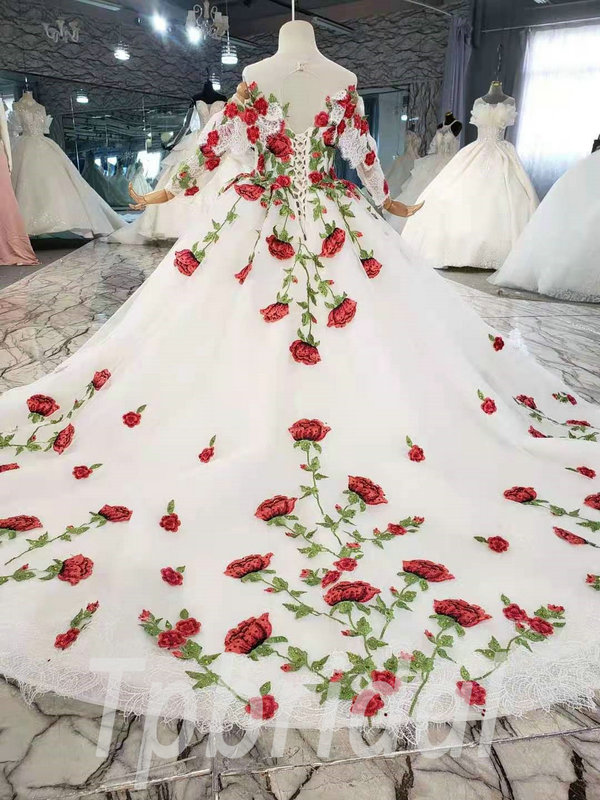 Red And White Flower Girl Dresses Long Sleeve Ball Gown With Train