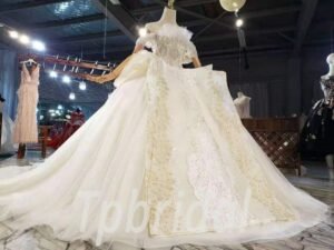 white wedding dress with gold lace 934-009