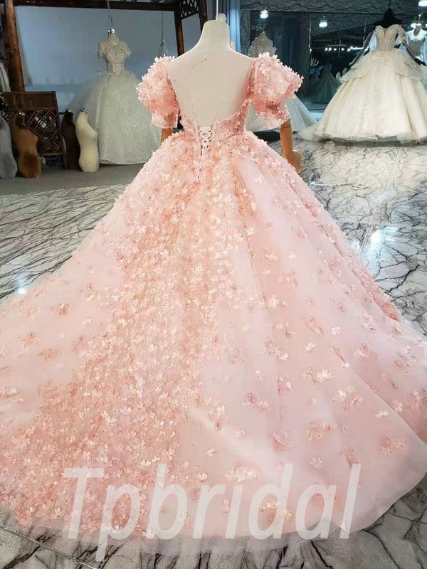 Kids Wedding Dress Pink Flower girl Ball Gown Formal Dress