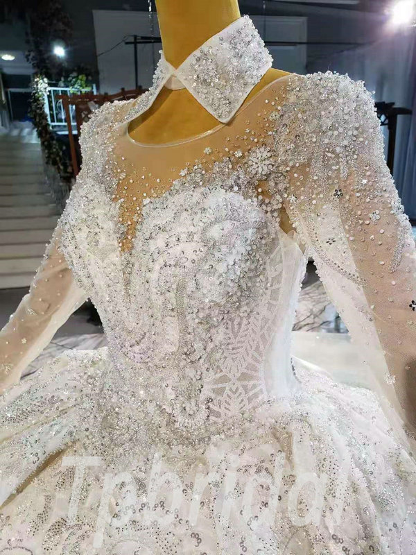 Marvellous long sleeves sparkly beaded crystals bodice white ballgown wedding  dress with glitter tulle - various styles