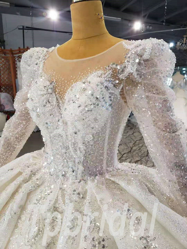 Beaded Long Sleeve Wedding Dress Crystal Hand Made Bridal Dress