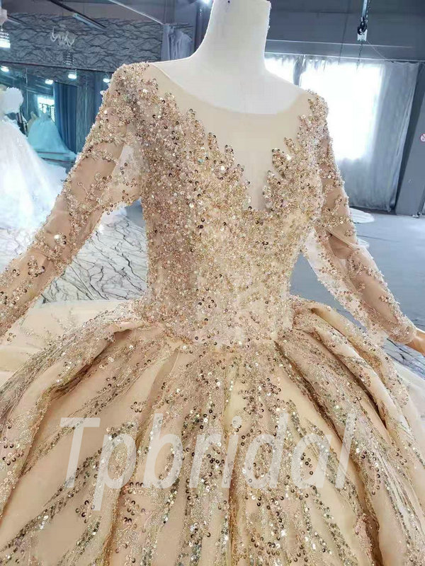 Gold wedding gown long sleeve beaded bling lace long train bridal dress