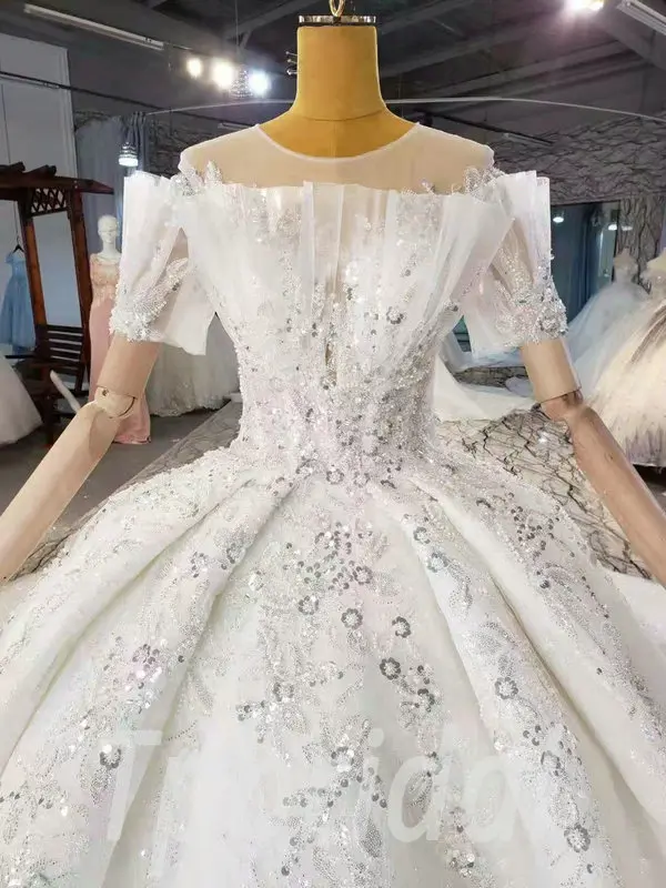 Bridal Dress With Train Off The Shoulder Ball Gown Short Sleeves - Image 4