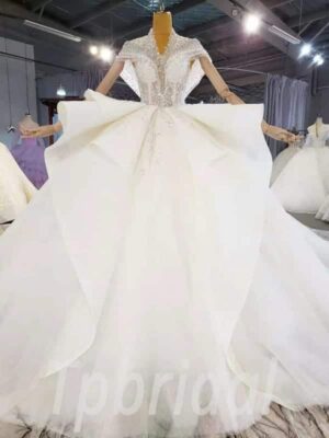 v neck cap sleeve wedding dress 985-007