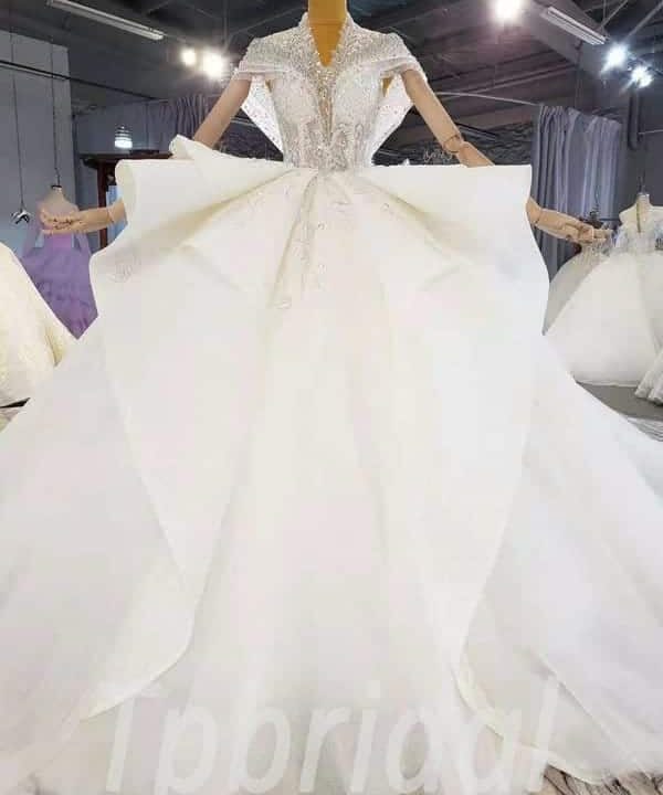 v neck cap sleeve wedding dress 985-007