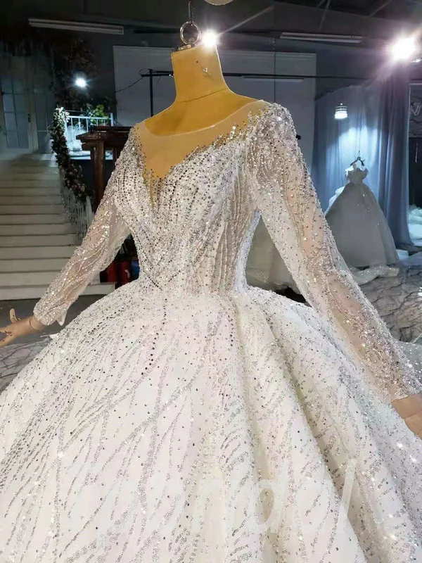 Ball Gown Long Sleeve Wedding Dress Sparkly Lace Long Train Bridal - Image 3