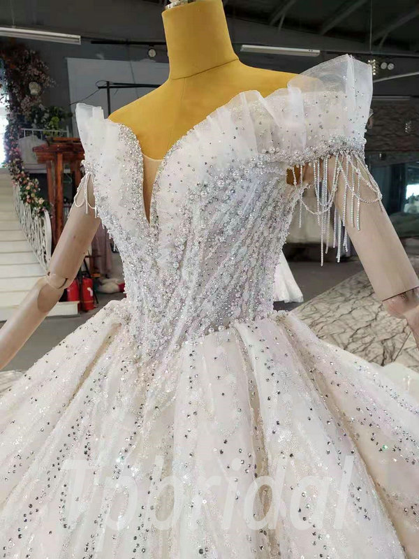 V Neck Off Shoulder Wedding Dress Beaded Bling Ball Gown Bridal