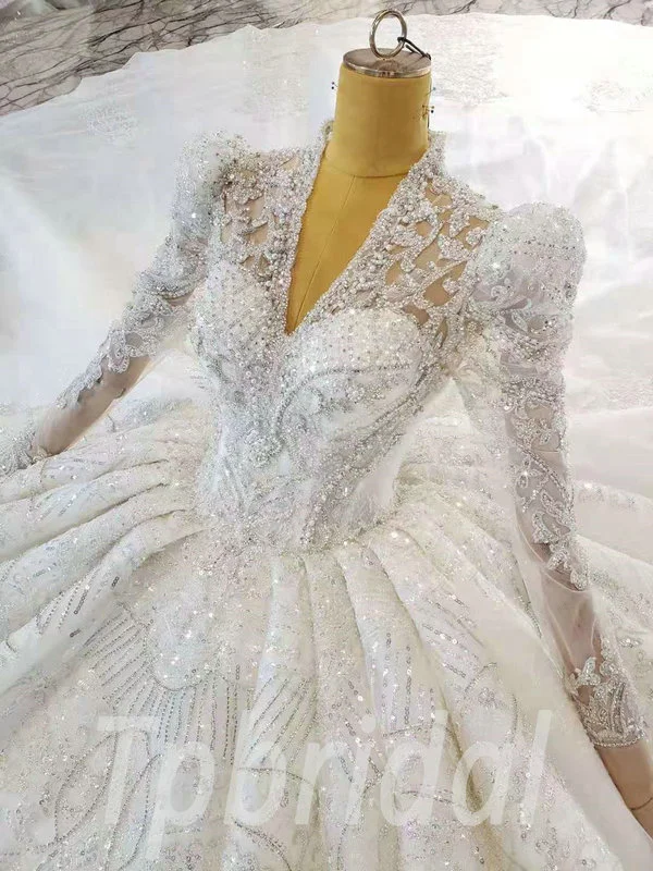 Lace Beaded Wedding Dress V Neck Ball Gown Long Sleeve Train - Image 6