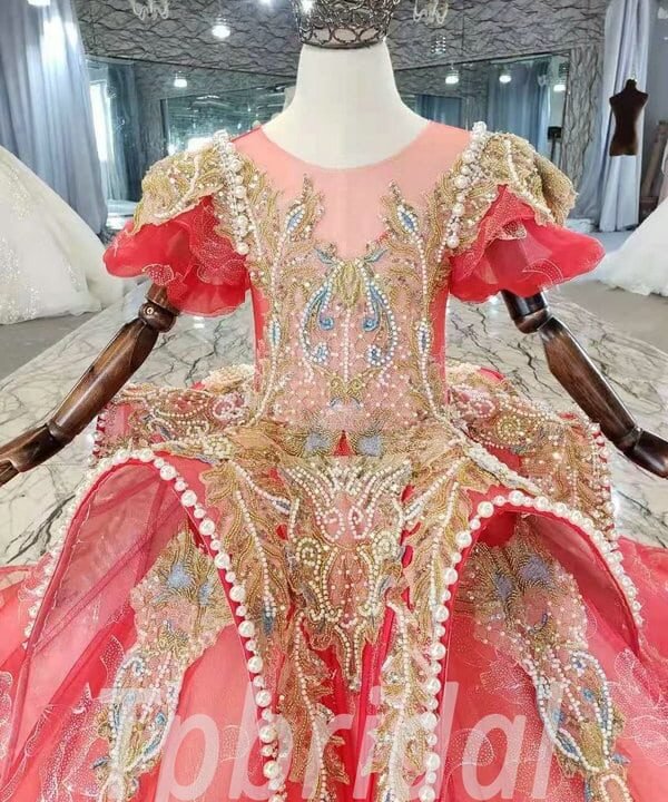 Alternative view of Red And Gold Flower Girl Dress Ball Gown With Train 2021