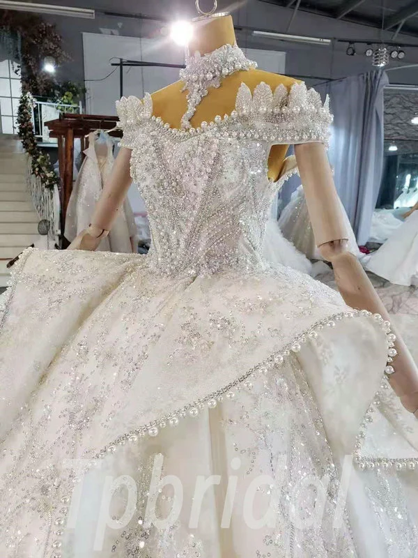 Shoulder Wedding Dress Beaded Lace Crystal Pearl Ball Gown - Image 4