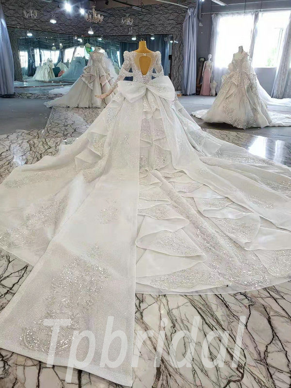 Diamond Wedding Dress Haute Couture Long Sleeve Ball Gown Train