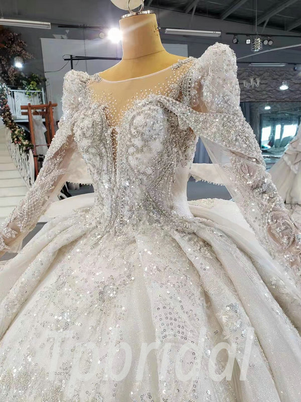 Diamond Wedding Dress Haute Couture Long Sleeve Ball Gown Train