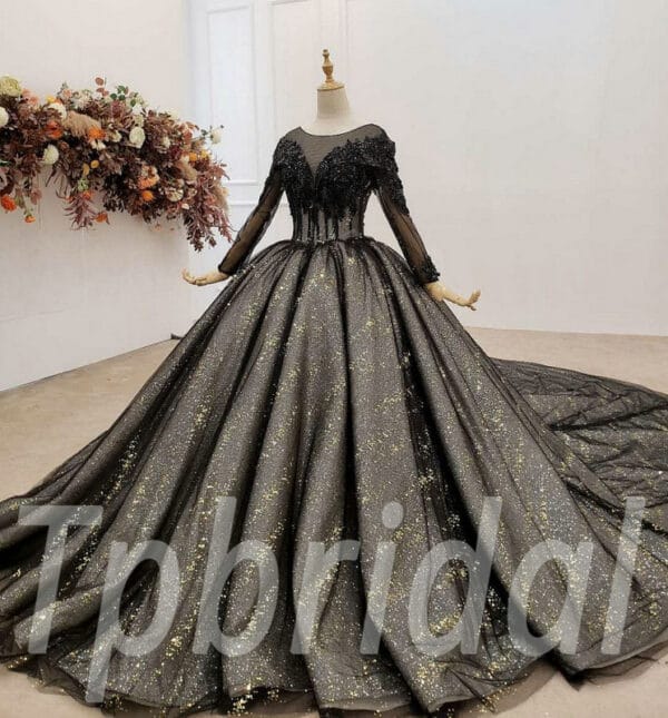 Black Wedding Dress With Sleeves Ball Gown Sparkly Prom Dress