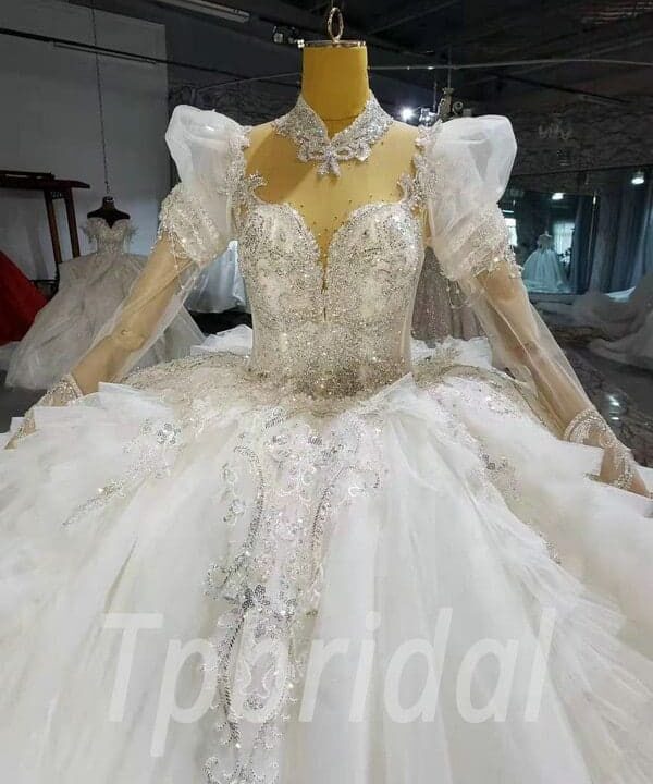 Alternative view of Ball Gown Wedding Dress With Sleeves High Neck Long Train Bridal Gown