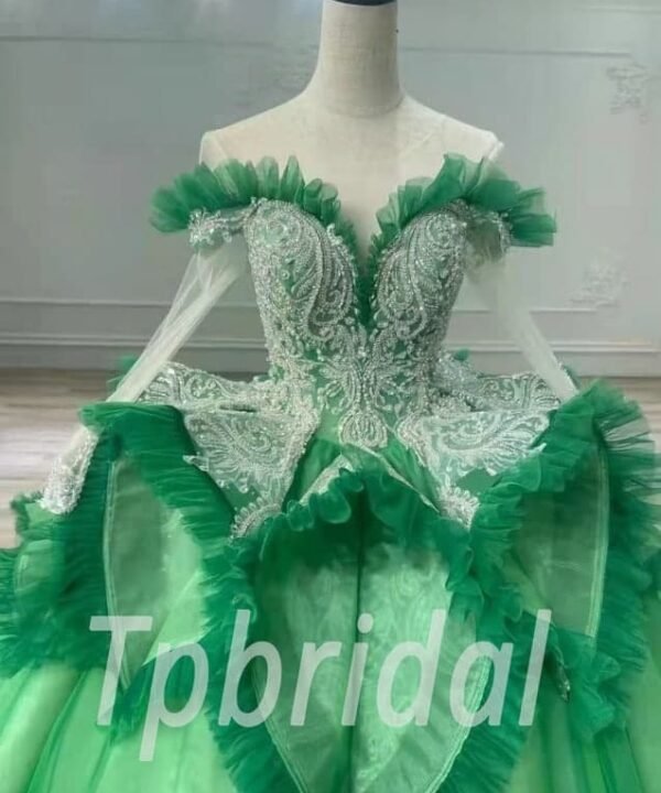 Alternative view of Green Ball Gown Wedding Dress Long Sleeve With White Lace