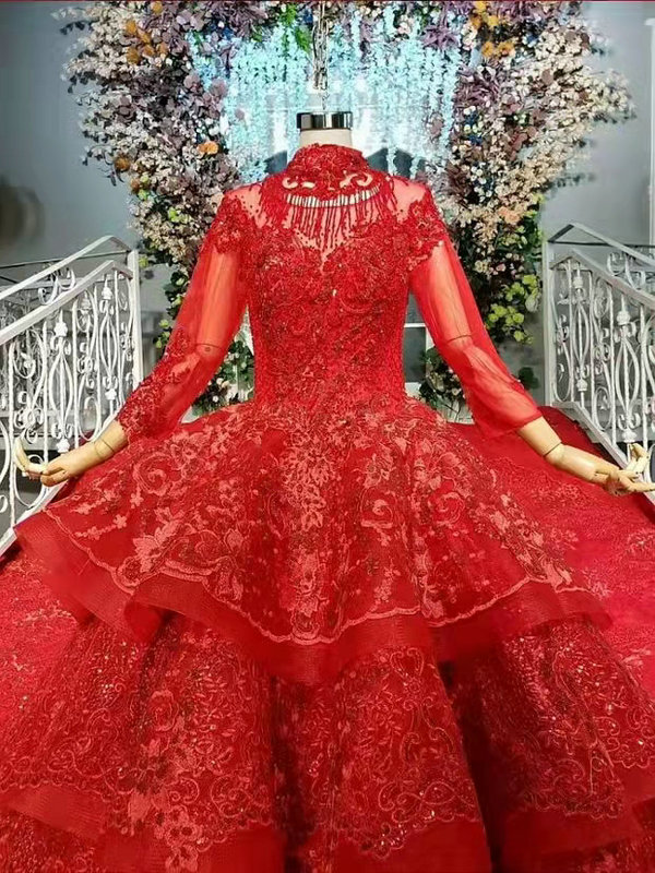 Red Long Sleeve Wedding Dresses with Train Bead Satin V Neck Lace Up Ball  Gowns | eBay