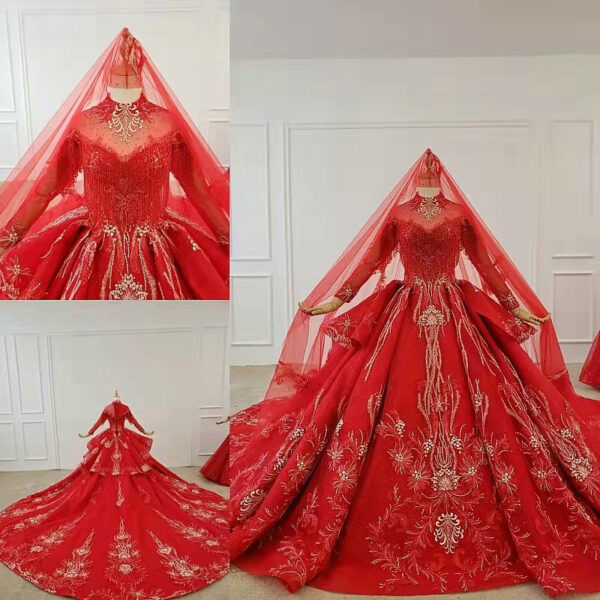 red long sleeve wedding dress 1044-001