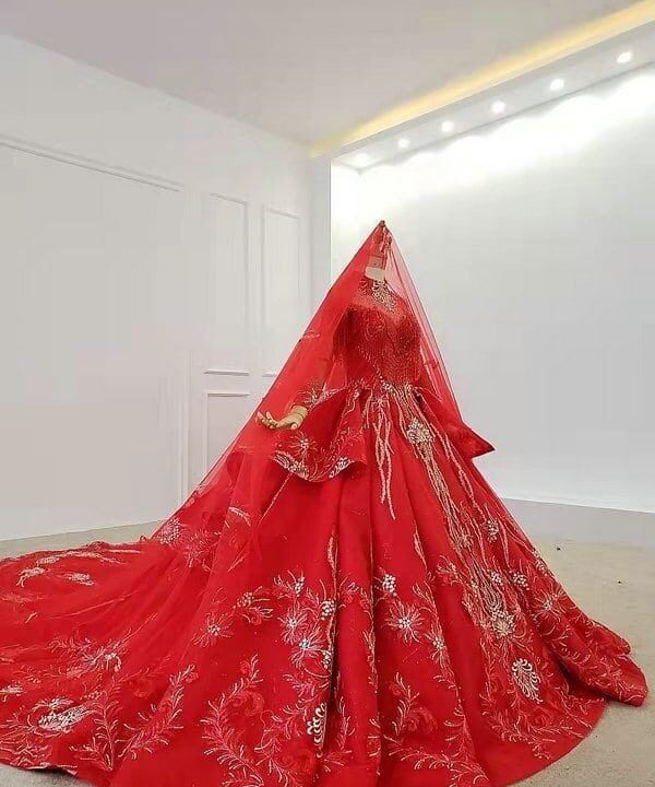 red long sleeve wedding dress 1044-003