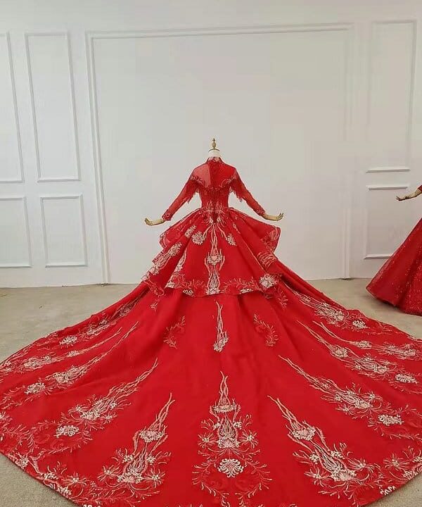 Alternative view of Red Long Sleeve Wedding Dress High Neck Lace Ball Gown With Veil