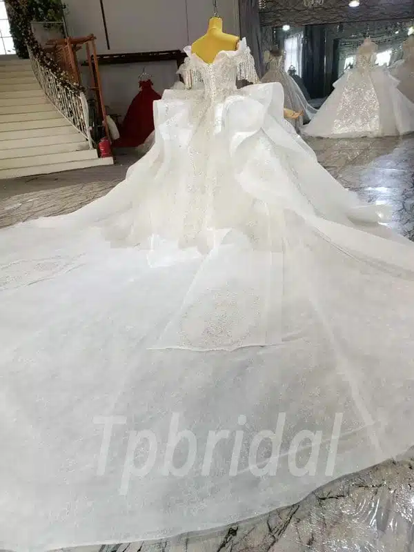 Off The Shoulder Princess Wedding Dress Crystal Ball Gown With Train - Image 7