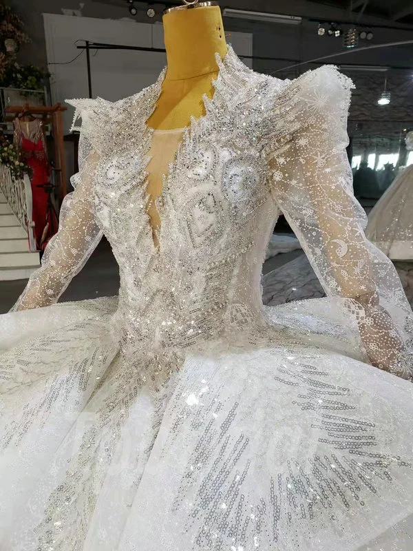 Ball Gown Wedding Dress With Sleeves V Neck Sparkly Lace Bridal Gown - Image 4